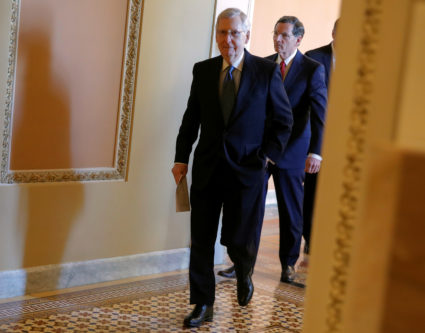 U.S. Senate Majority Leader Mitch McConnell (R-KY) and Sen. John Barrasso (R-WY) leave a Republican policy lunch on Capitol Hill in Washington, U.S., March 5, 2019. REUTERS/Jim Young - RC1B255A6CB0
