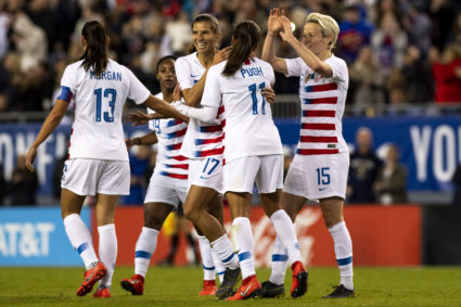 United States players Tobin Heath (17), Alex Morgan (13) Mallory Pugh (11), Megan Rapinoe (15) and Crystal Dunn (19) celebrate after a goal during the first half against Brazil during a She Believes Cup women's soccer match. Photo by Douglas DeFelice/USA TODAY Sports