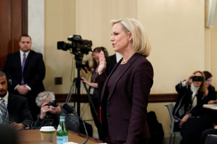 Department of Homeland Security Secretary Kirstjen Nielsen is sworn in during a House Homeland Security Committee hearing on Capitol Hill on March 6, 2019. Photo by Joshua Roberts/Reuters