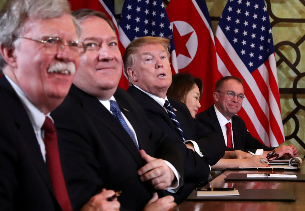 U.S. President Donald Trump, U.S. Secretary of State Mike Pompeo, White House national security adviser John Bolton and ac...