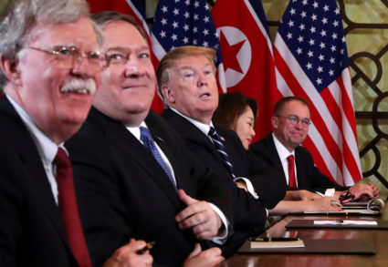 U.S. President Donald Trump, U.S. Secretary of State Mike Pompeo, White House national security adviser John Bolton and acting White House Chief of Staff Mick Mulvaney attend the extended bilateral meeting in the Metropole hotel with North Korea's leader Kim Jong Un and his delegation during the second North Korea-U.S. summit in Hanoi, Vietnam February 28, 2019. Photo by Leah Millis/Reuters