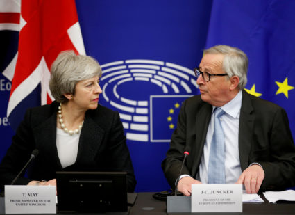 British Prime Minister Theresa May and European Commission President Jean-Claude Juncker look at each other during a news conference in Strasbourg, France on March 11, 2019. Photo by Vincent Kessler/Reuters/File Photo