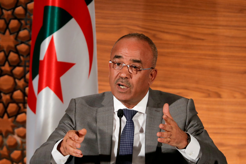 Algeria's newly appointed prime minister, Noureddine Bedoui, speaks during a joint news conference with deputy prime minis...