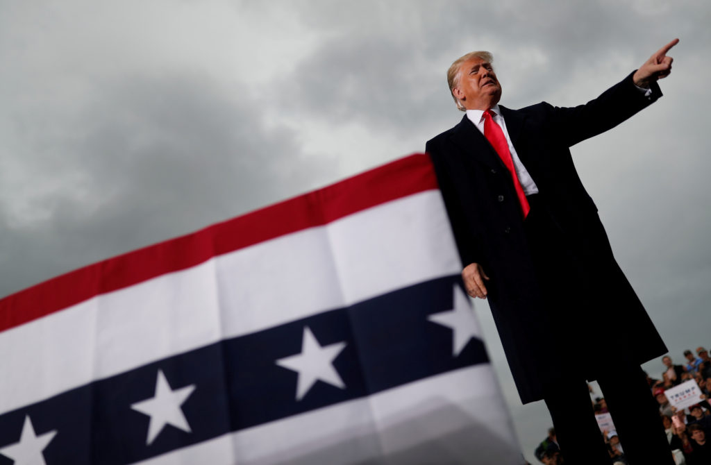U.S. President Donald Trump arrives for a campaign rally at Huntington Tri-State Airport in Huntington, West Virginia, U.S...