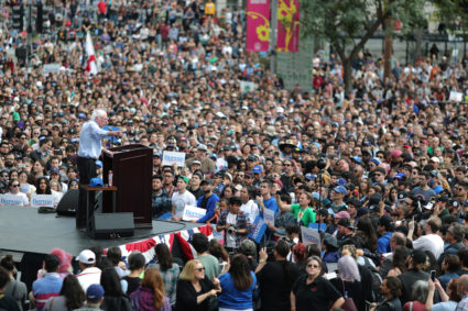 Democratic 2020 presidential candidate Bernie Sanders speaks at a rally in downtown Los Angeles on March 23, 2019. Sanders raised the most money in the first quarter out of the Democratic candidates. Photo by Lucy Nicholson/Reuters