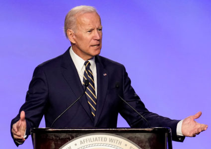 Former Vice President Joe Biden who is mulling a 2020 presidential candidacy, speaks at the International Brotherhood of Electrical Workers’ (IBEW) construction and maintenance conference in Washington, on April 5, 2019. Photo by Joshua Roberts/Reuters