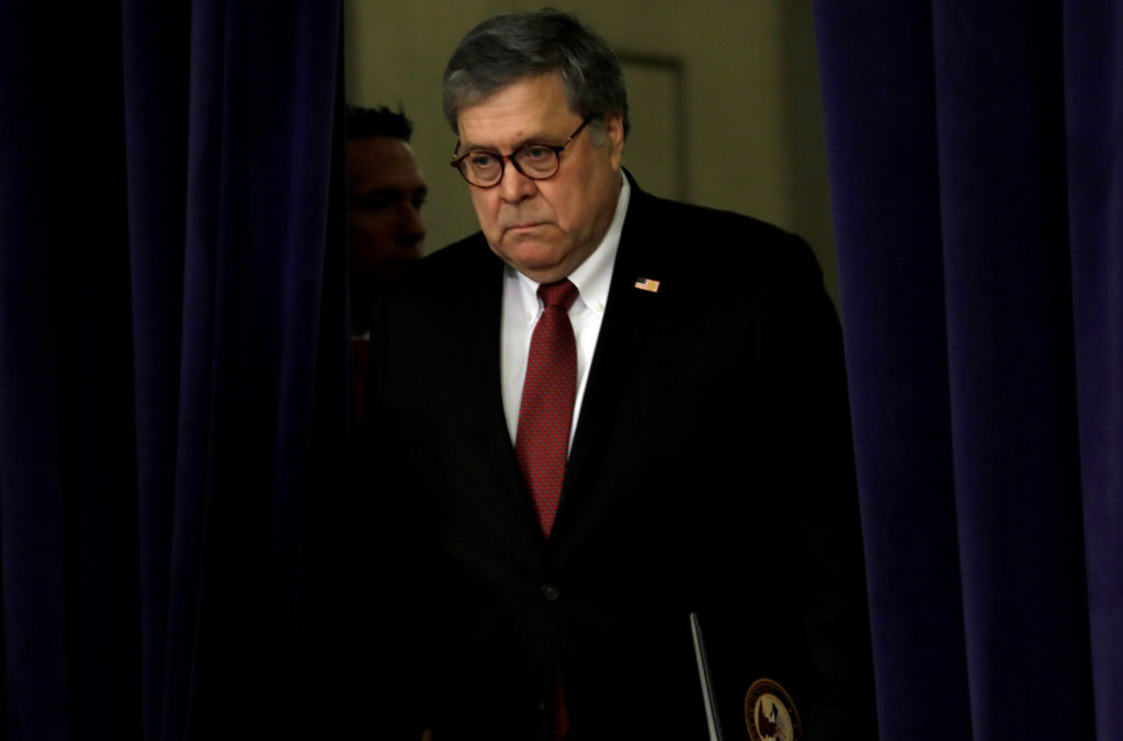 Attorney General William Barr arrives to deliver remarks at a Justice Department African American History Month event in W...