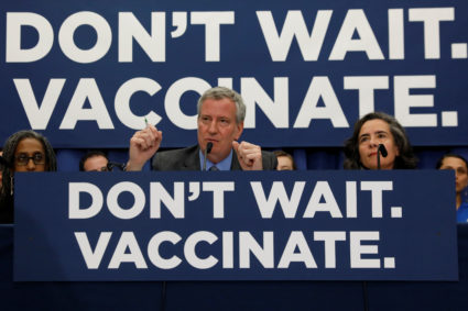 New York City Mayor Bill de Blasio speaks during a news conference declaring a public health emergency in parts of Brooklyn in response to a measles outbreak, requiring unvaccinated people living in the affected areas to get the vaccine or face fines on April 9, 2019. Photo by REUTERS/Shannon Stapleton