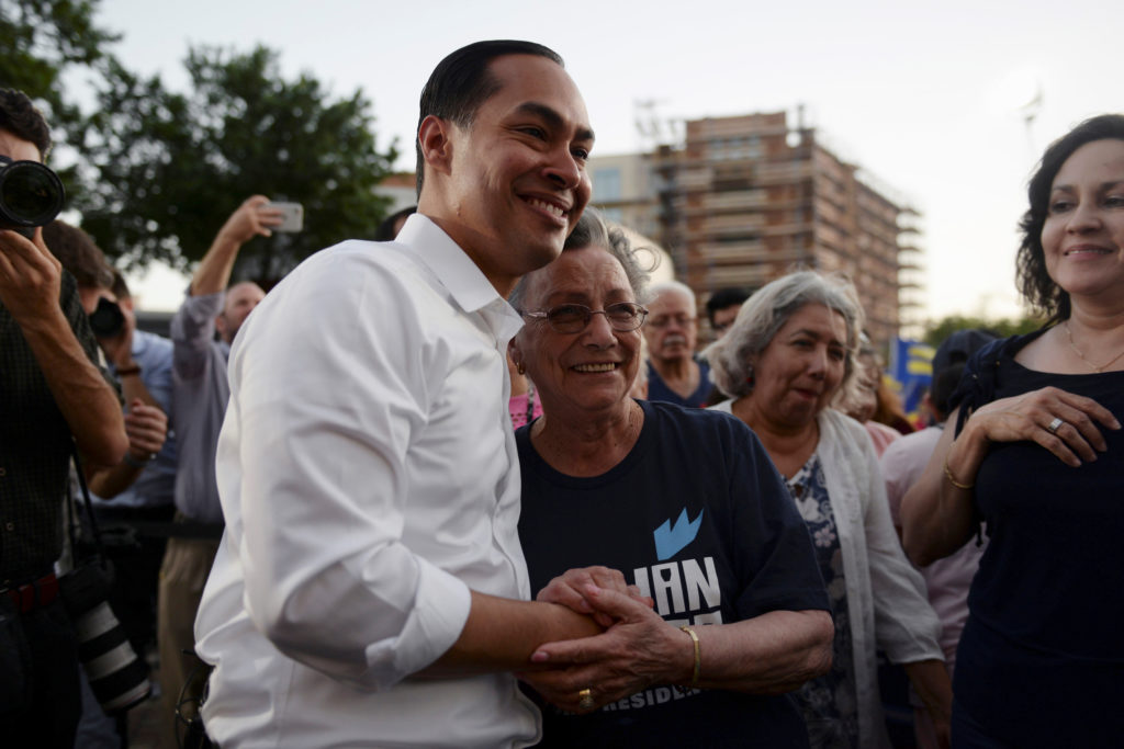 U.S. 2020 Democratic presidential candidate Julian Castro interacts with supporters after a rally in San Antonio, Texas, o...