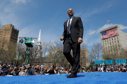 Sen. Cory Booker arrives at his Hometown Kickoff event, part of the senator's "Justice for All" tour, the first such national tour of his presidential campaign in Newark, New Jersey, on April 13, 2019. Photo by Andrew Kelly/Reuters