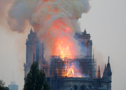 Smoke billows from Notre Dame Cathedral after a fire broke out, in Paris, France April 15, 2019. REUTERS/Charles Platiau