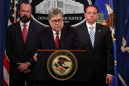 Attorney General William Barr, flanked by Acting Principal Associate Deputy Attorney General Edward O'Callaghan and Deputy Attorney General Rod Rosenstein, speaks at a news conference to discuss Special Counsel Robert Mueller's report on Russian interference in the 2016 U.S. presidential race, in Washington, April 18, 2019. Photo by Jonathan Ernst/Reuters