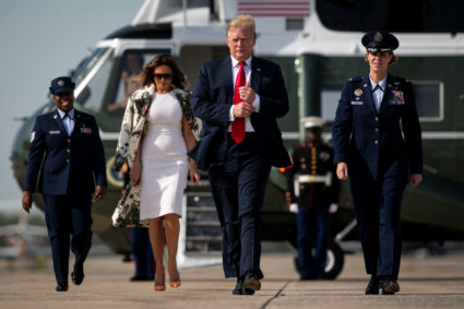 U.S. President Donald Trump and U.S. first lady Melania Trump walk to board Air Force One as they travel to Florida for Easter weekend, at Joint Base Andrews in Maryland, U.S., April 18, 2019. Photo by REUTERS/Al Drago