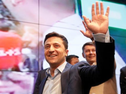 Ukrainian presidential candidate Volodymyr Zelenskiy reacts following the announcement of the first exit poll in a presidential election at his campaign headquarters in Kiev, Ukraine on April 21, 2019. Photo by Valentyn Ogirenko/Reuters