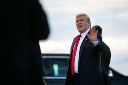 President Donald Trump waves after arriving aboard Air Force One after spending Easter weekend at his Mar-a-Lago club, at Joint Base Andrews, Maryland, April 21, 2019. Photo by Al Drago/Reuters
