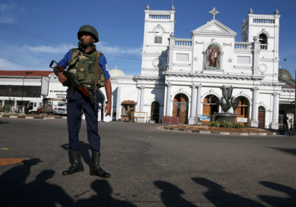 A security officer stands in front of St Anthony's shrine in Colombo, after bomb blasts ripped through churches and luxury hotels on Easter, in Sri Lanka. Photo by Athit Perawongmetha/Reuters