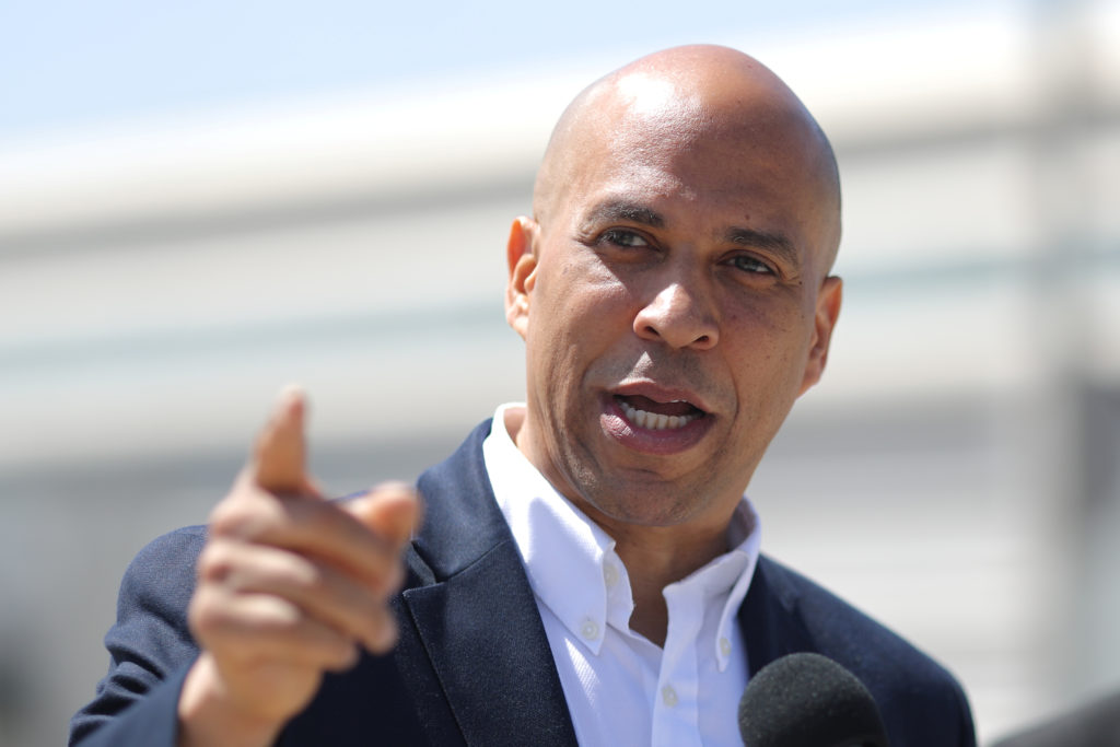 Democratic presidential candidate New Jersey Sen. Cory Booker speaks in Los Angeles on April 22, 2019. Photo by Lucy Nicho...
