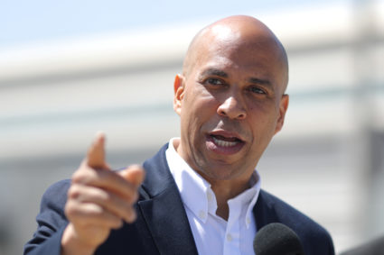 Democratic presidential candidate New Jersey Sen. Cory Booker speaks in Los Angeles on April 22, 2019. Photo by Lucy Nicholson/Reuters