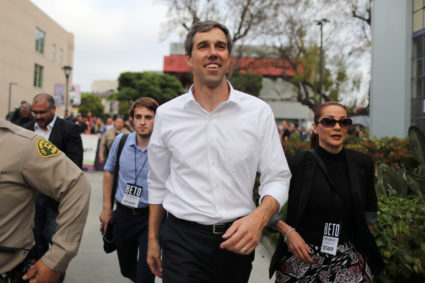 Democratic presidential candidate Beto O'Rourke leaves after speaking at a rally in Los Angeles, California, on April 27, 2019. Photo by Lucy Nicholson/Reuters