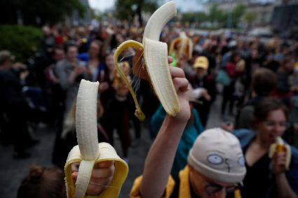 Protesters go bananas after artwork removed from Polish museum