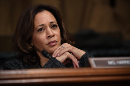 Sen. Kamala Harris, D-CA, listens to Christine Blasey Ford, the woman accusing Supreme Court nominee Brett Kavanaugh of sexually assaulting her at a party 36 years ago, testifying before the US Senate Judiciary Committee on Capitol Hill in Washington, U.S., September 27, 2018. Saul Loeb/Pool via REUTERS - RC169C8F39F0