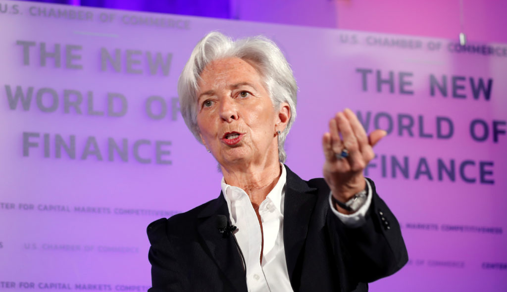 International Monetary Fund Managing Director Christine Lagarde delivers a speech at the U.S. Chamber of Commerce in Washi...