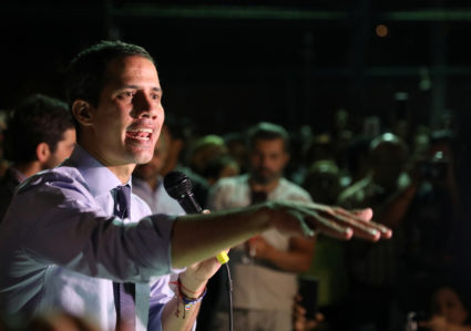 Venezuelan opposition leader Juan Guaido, who many nations have recognized as the country's rightful interim ruler, talks to the media during a news conference in Caracas, Venezuela, April 2, 2019. Photo by Manaure Quintero/Reuters