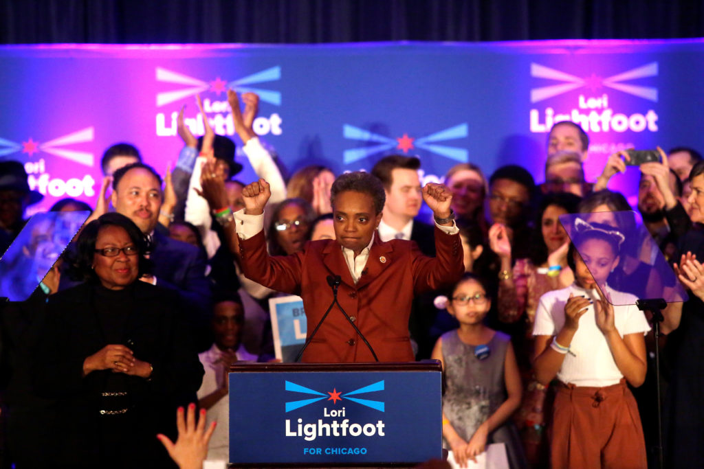 Mayoral candidate Lori Lightfoot speaks during her election night celebration after defeating her challenger Toni Preckwin...