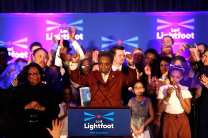 Mayoral candidate Lori Lightfoot speaks during her election night celebration after defeating her challenger Toni Preckwinkle in a runoff election in Chicago, April 2, 2019. Photo by Joshua Lott/Reuters