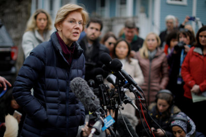 U.S. Senator Elizabeth Warren (D-MA) speaks to reporters, after announcing she has formed an exploratory committee to run for president in 2020, outside her home in Cambridge, Massachusetts, U.S., December 31, 2018. REUTERS/Brian Snyder TPX IMAGES OF THE DAY - RC1DBEC52C20