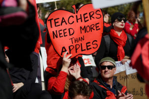 Munroe Elementary teacher Melissa Curry holds a sign during a rally across from the Colorado State Capitol as Denver public school teachers strike for a second day in Denver, Colorado, U.S., February 12, 2019. Photo by Michael Ciaglo/REUTERS