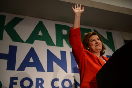 Karen Handel, Republican candidate for Georgia's 6th Congressional District, makes an appearance before supporters prior to giving her acceptance speech at her election night party at the Hyatt Regency at Villa Christina in Atlanta, Georgia, June 20, 2017. Handel lost the seat in 2018. Photo by Bita Honarvar/Reuters