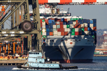 The OOCL Europe is docked at the Port of Newark in Newark, New Jersey on November 27, 2017. Photo by Brendan McDermid/Reuters
