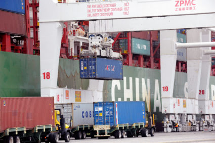 Shipping containers at Pier J at the Port of Long Beach wait for processing in Long Beach, California, on April 4, 2018. Photo by Bob Riha Jr./Reuters