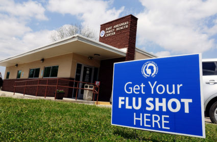 Flu shot is advertised at East Arkansas Family Health Center in Lepanto, Arkansas. Photo by Karen Pulfer Focht/REUTERS