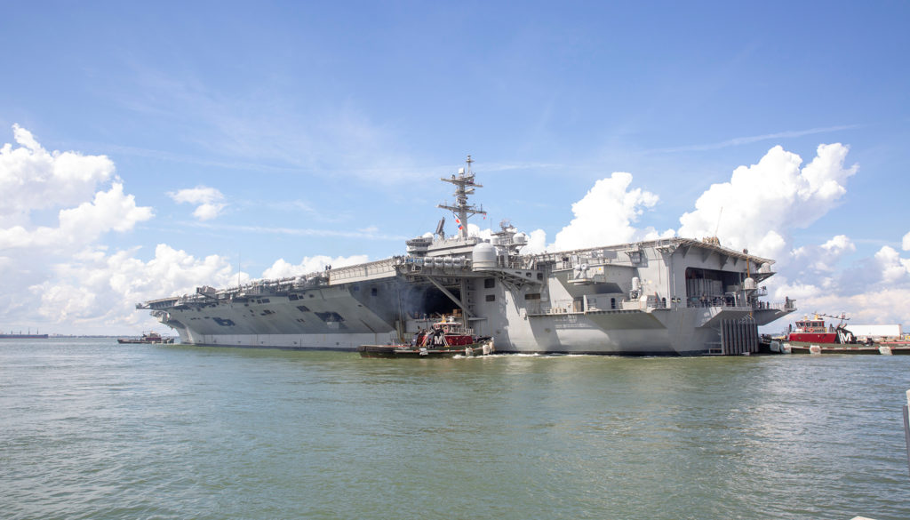 The U.S. Navy aircraft carrier USS Abraham Lincoln departs from Naval Station Norfolk ahead of Hurricane Florence in Norfo...