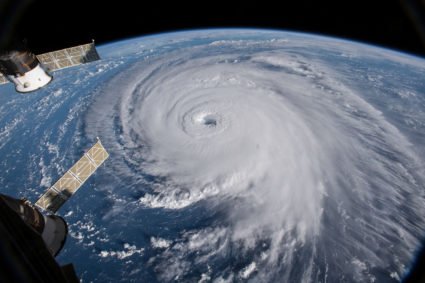 A view of Hurricane Florence is shown churning in the Atlantic Ocean in a west, north-westerly direction heading for the eastern coastline of the United States, taken by cameras outside the International Space Station, September 12, 2018. Photo courtesy: NASA/Handout via Reuters