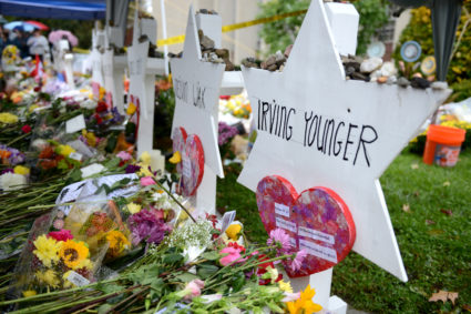 Flowers and other items have been left as memorials outside the Tree of Life synagogue following last Saturday's shooting in Pittsburgh, Pennsylvania, on November 3, 2018. Photo by Alan Freed/Reuters