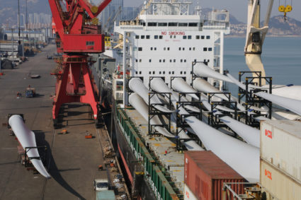 Wind turbine equipments for export are seen on a cargo vessel at a port in Lianyungang, Jiangsu province, China on January 27, 2019. Wind turbine parts are included in the latest list that could soon be tariffed. Photo via Reuters