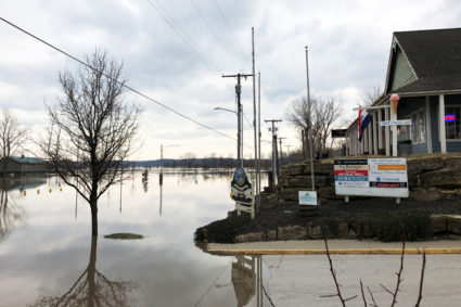 Flood water from Missouri River is seen in downtown Parkville, Missouri, on March 23, 2019. Photo by Karen Dillon/Reuters