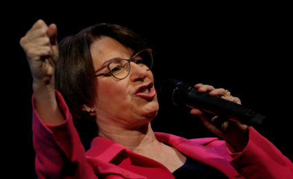 2020 Democratic presidential candidate and Senator Amy Klobuchar participates in a moderated discussion at the We the People Summit in Washington, on April 1, 2019. Photo by Carlos Barria/Reuters