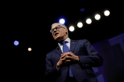 2020 Democratic presidential candidate and Governor Jay Inslee participates in a moderated discussion at the We the People Summit in Washington on April 1, 2019. Photo by Carlos Barria/Reuters