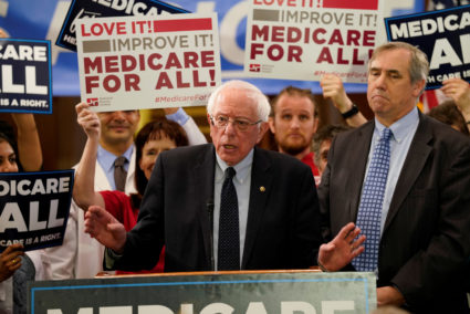 Democratic U.S. presidential candidate U.S. Sen. Bernie Sanders (I-VT) speaks at a news conference to introduce the "Medicare for All Act of 2019" on Capitol Hill on April 10, 2019. Photo by Aaron P. Bernstein/Reuters