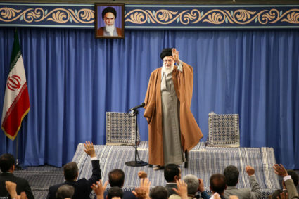 Iran's Supreme Leader Ayatollah Ali Khamenei waves as he delivers a speech during a meeting with teachers in Tehran, Iran, May 1 2019. Photo from official Khamenei website/Handout via Reuters