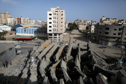 A view shows the remains of a building that was destroyed by Israeli air strikes, in Gaza City on May 6, 2019. Photo by Mohammed Salem/Reuters