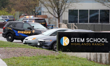 Police vehicles are stationed outside the school following the shooting at the Science, Technology, Engineering and Math (STEM) School in Highlands Ranch, Colorado, on May 8, 2019. Photo by Rick Wilking/Reuters