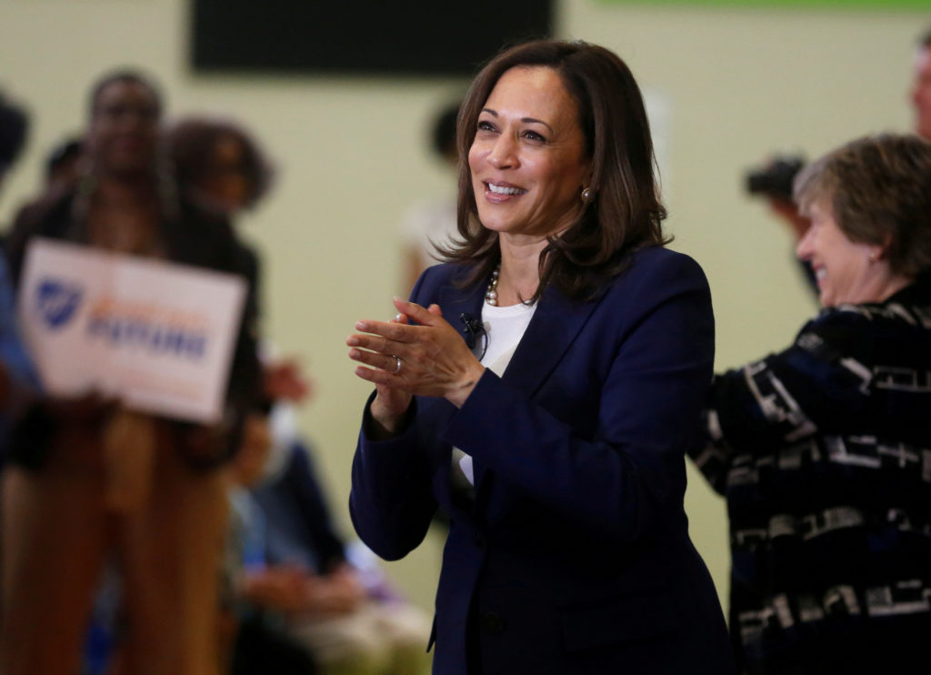 Senator Kamala Harris speaks to members of the American Federation of Teachers in Detroit, Michigan, on May 6, 2019. Photo...