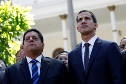 Juan Guaido (right) of the Venezuelan opposition party and lawmaker Edgar Zambrano of Democratic Action party, leave the congress after Guaido's swearing-in ceremony, in Caracas, Venezuela on January 5, 2019. Zambrano was detained by members of Venezuela's intelligence agency Thursday. Photo by Manaure Quintero/Reuters