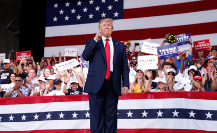 President Donald Trump reacts on stage during a campaign rally in Panama City, Florida, on May 8, 2019. Photo by Kevin Lamarque/Reuters