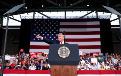 President Donald Trump reacts with supporters during a campaign rally in Panama City, Florida, on May 8, 2019. Photo by Kevin Lamarque/Reuters